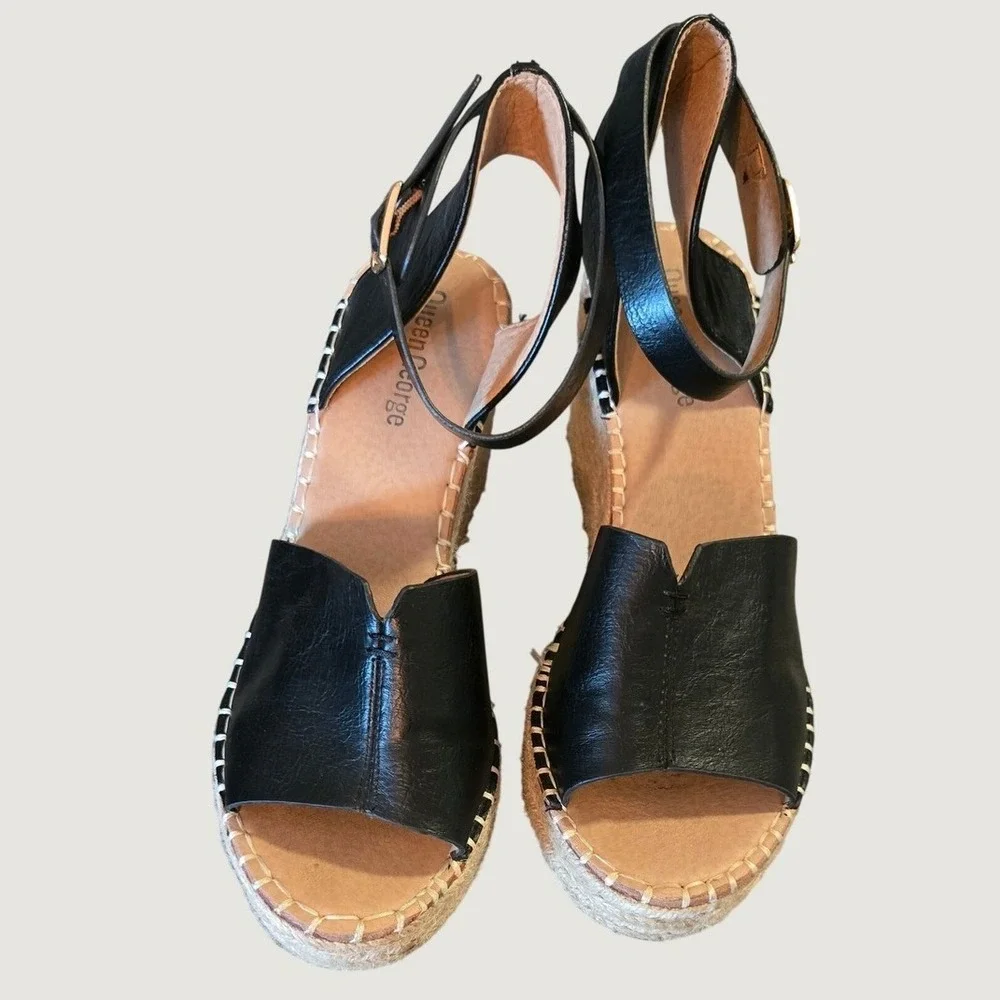 Queen George Black Espadrille Wedge‎ Sandals Ankle Strap Size 7.5